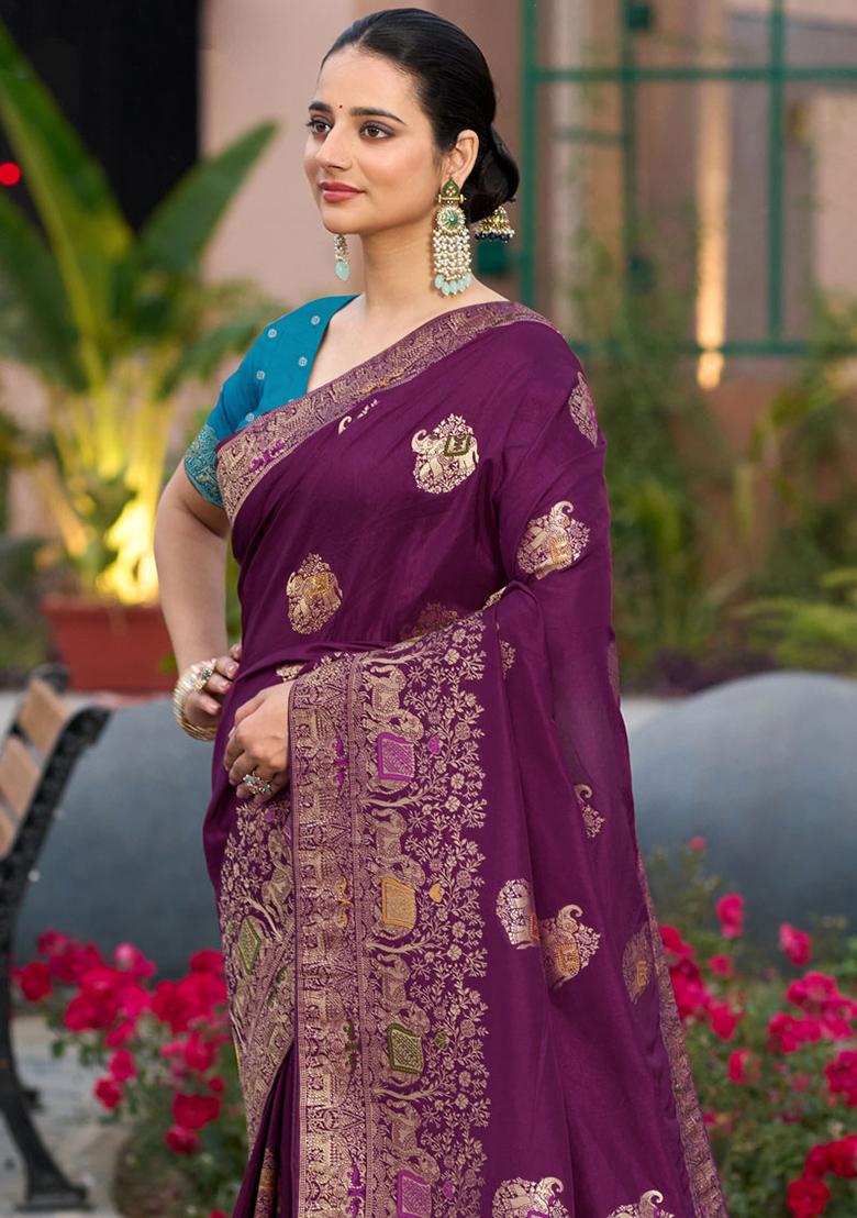Wine Woven Silk Blend Saree Set