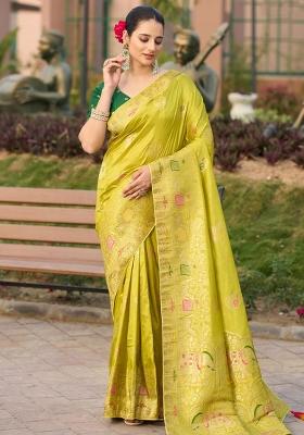 Lemon Yellow Woven Silk Blend Saree Set