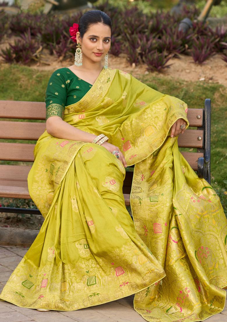 Lemon Yellow Woven Silk Blend Saree Set