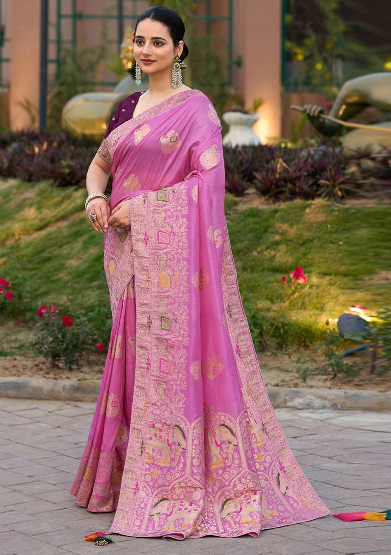 Pink Woven Silk Blend Saree Set