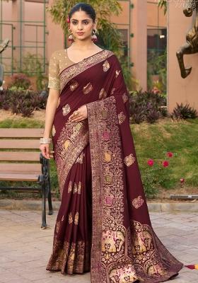 Maroon Woven Silk Blend Saree Set
