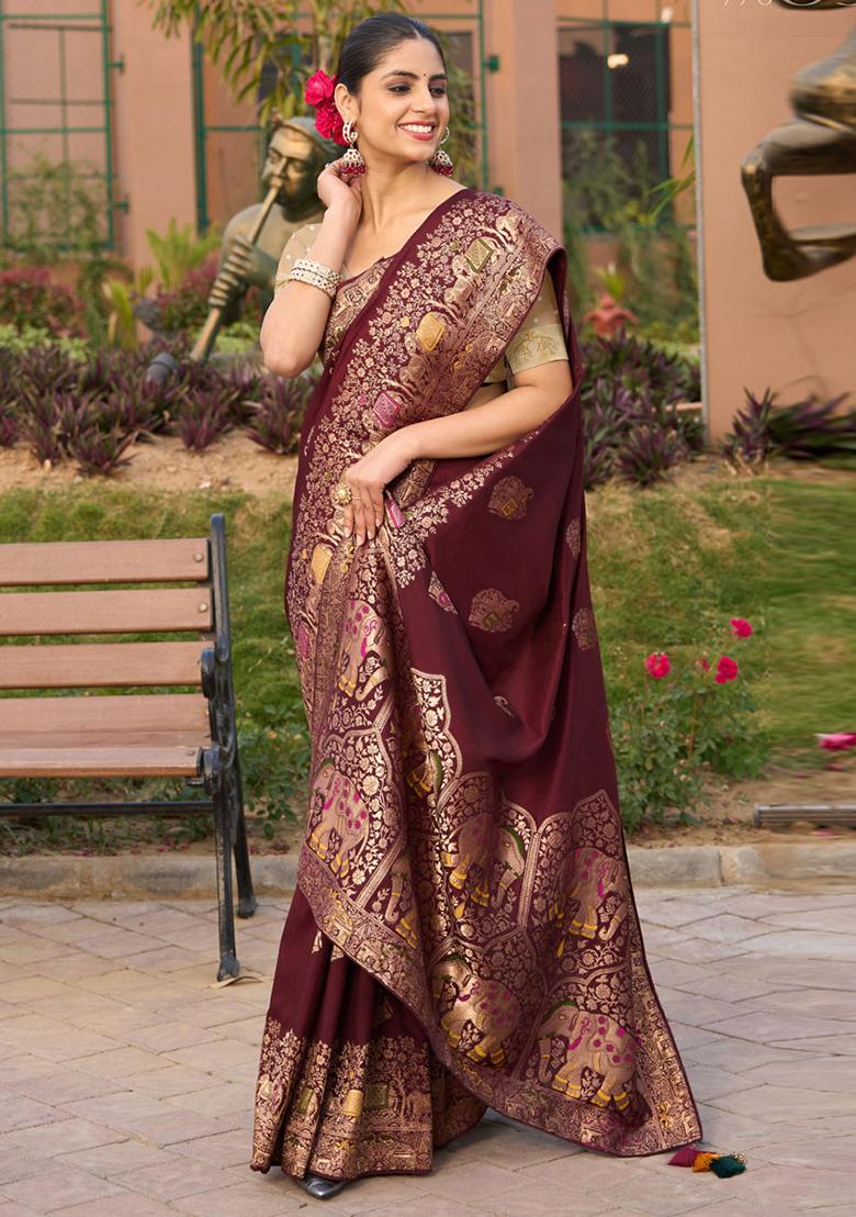 Maroon Woven Silk Blend Saree Set