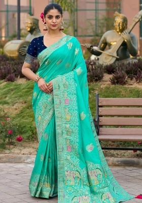 Turquoise Blue Woven Silk Blend Saree Set