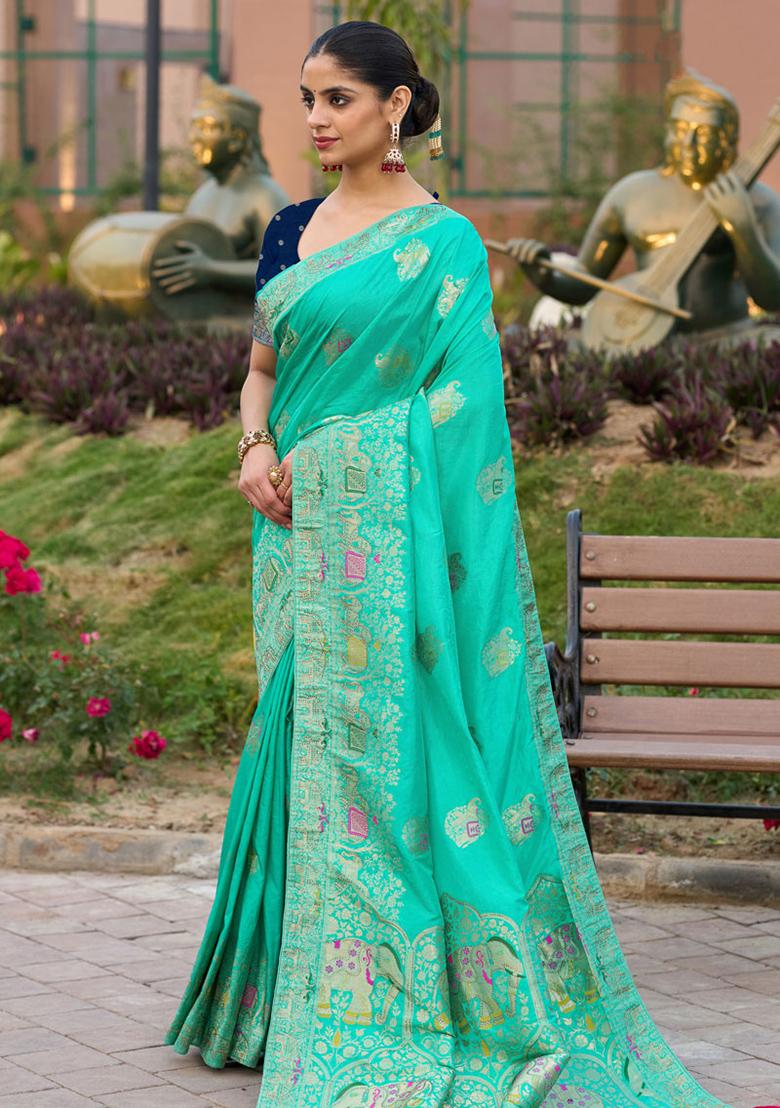 Turquoise Blue Woven Silk Blend Saree Set