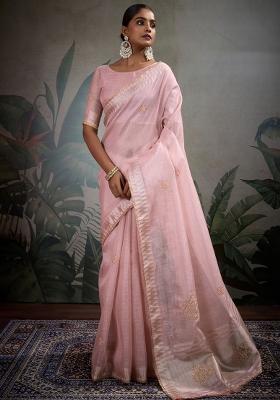 Pink Embroidered Linen Saree Set