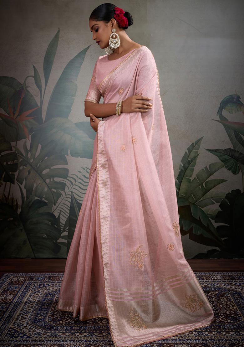 Pink Embroidered Linen Saree Set