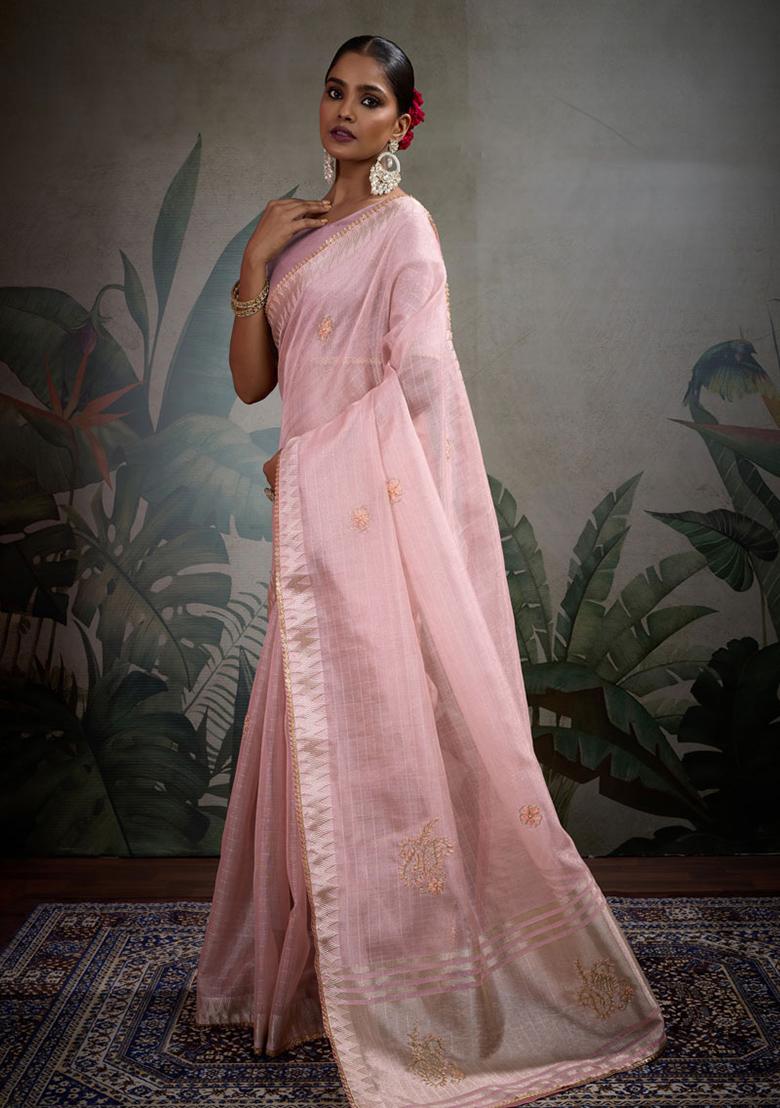 Pink Embroidered Linen Saree Set