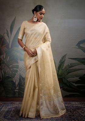 Beige Embroidered Linen Saree Set