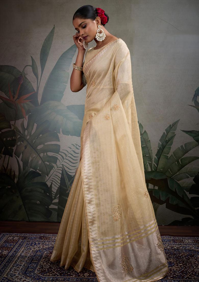 Beige Embroidered Linen Saree Set