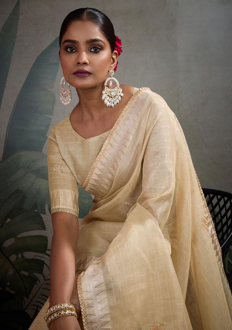 Beige Embroidered Linen Saree Set