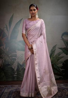 Light Lavender Embroidered Linen Saree Set