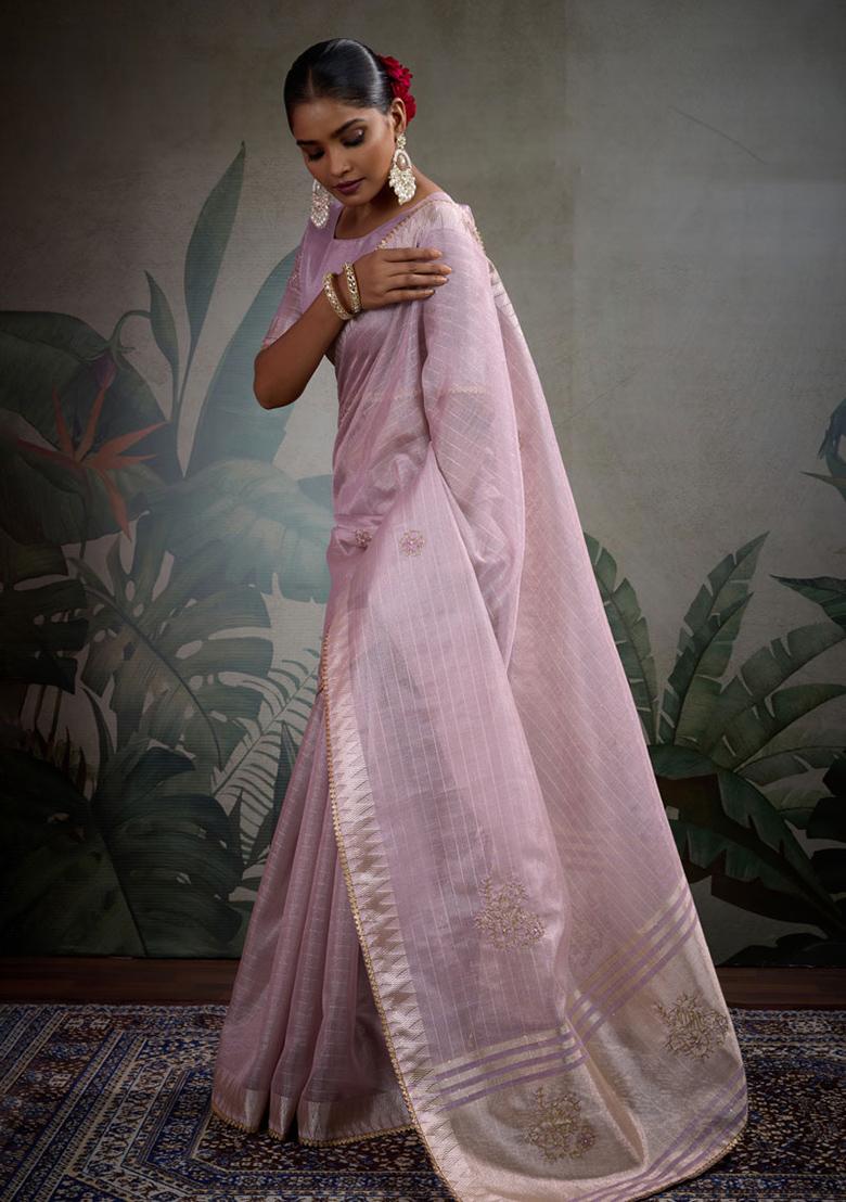 Light Lavender Embroidered Linen Saree Set