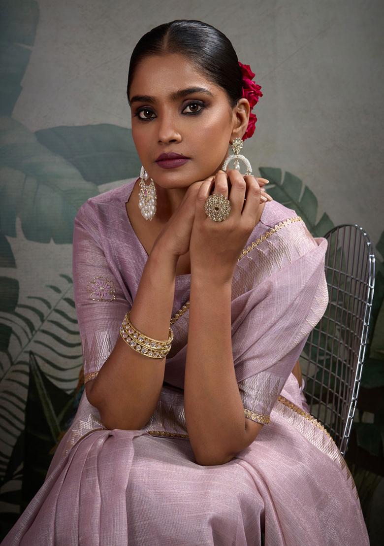 Light Lavender Embroidered Linen Saree Set