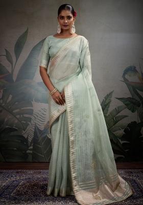 Light Green Embroidered Linen Saree Set