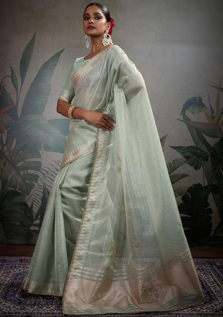 Light Green Embroidered Linen Saree Set