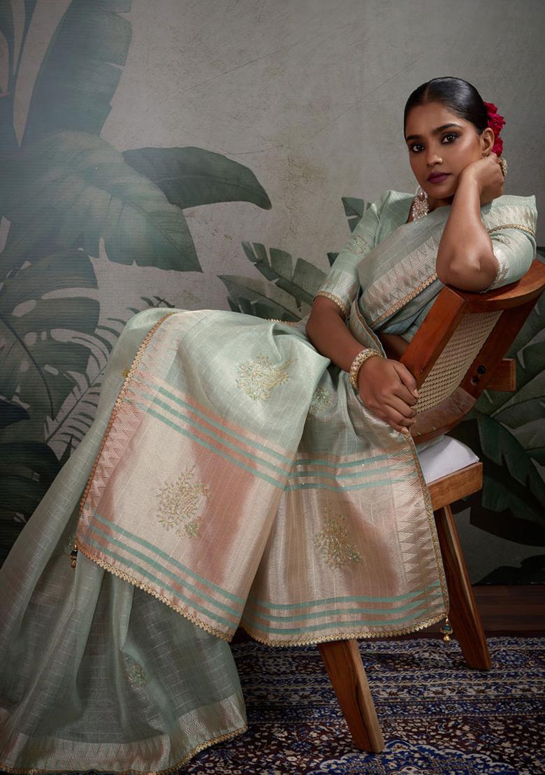 Light Green Embroidered Linen Saree Set