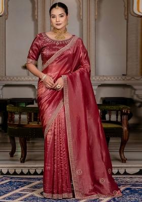 Maroon Plain Fancy Fabric Saree Set