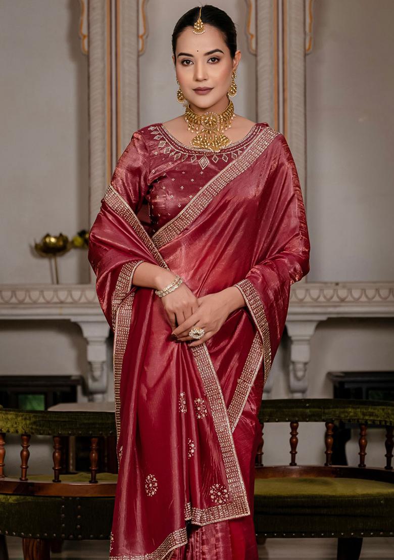 Maroon Plain Fancy Fabric Saree Set
