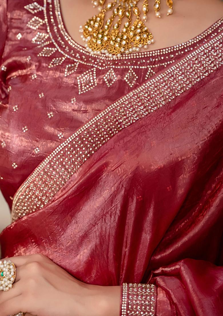 Maroon Plain Fancy Fabric Saree Set