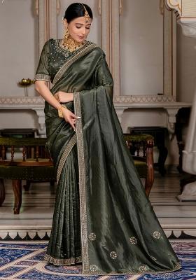 Dark Green Plain Fancy Fabric Saree Set