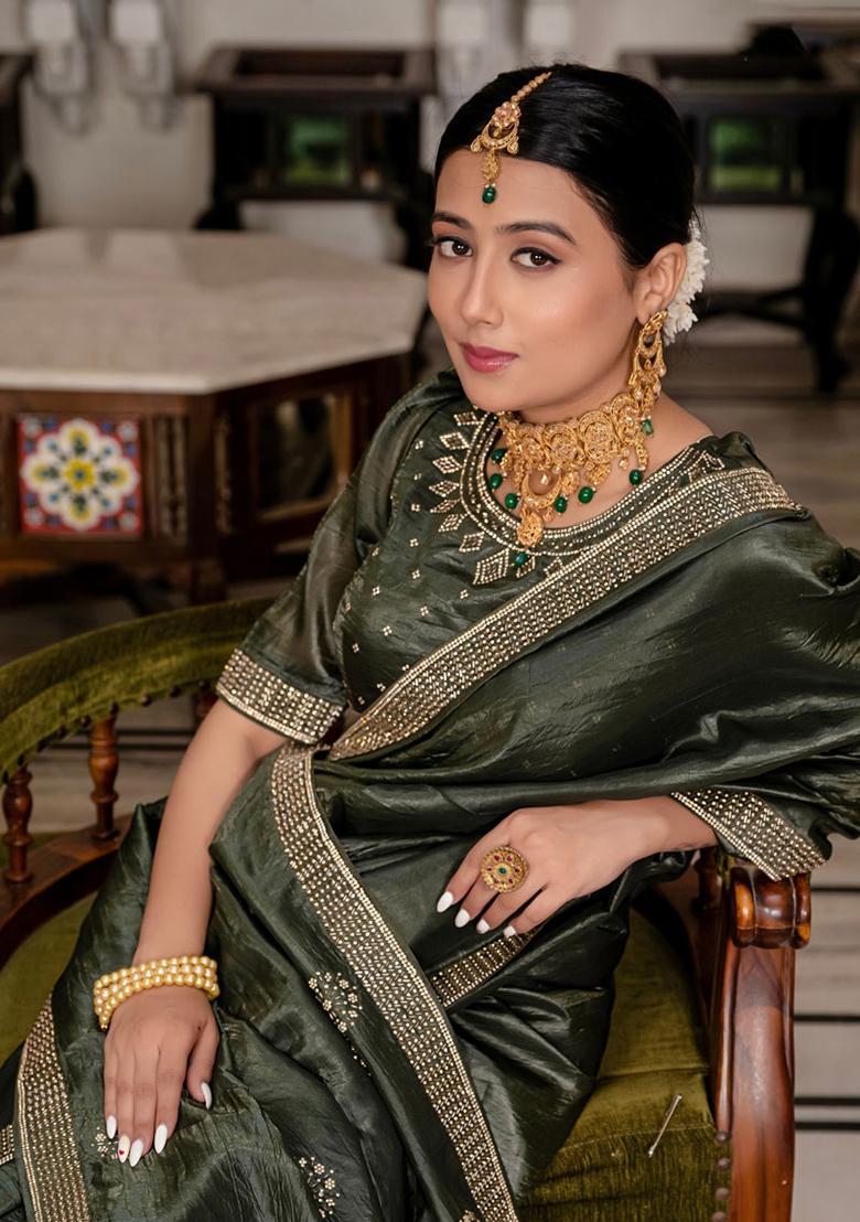 Dark Green Plain Fancy Fabric Saree Set