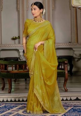 Mustard Yellow Plain Fancy Fabric Saree Set