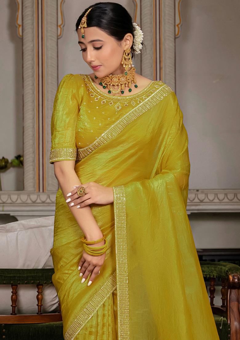 Mustard Yellow Plain Fancy Fabric Saree Set
