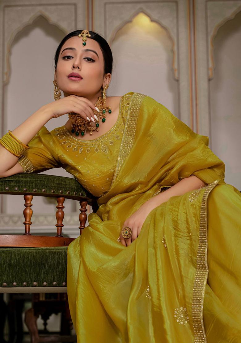 Mustard Yellow Plain Fancy Fabric Saree Set