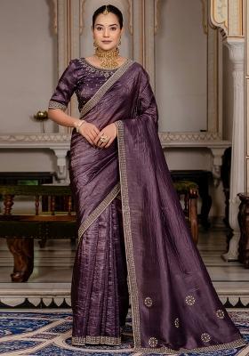 Dark Purple Plain Fancy Fabric Saree Set