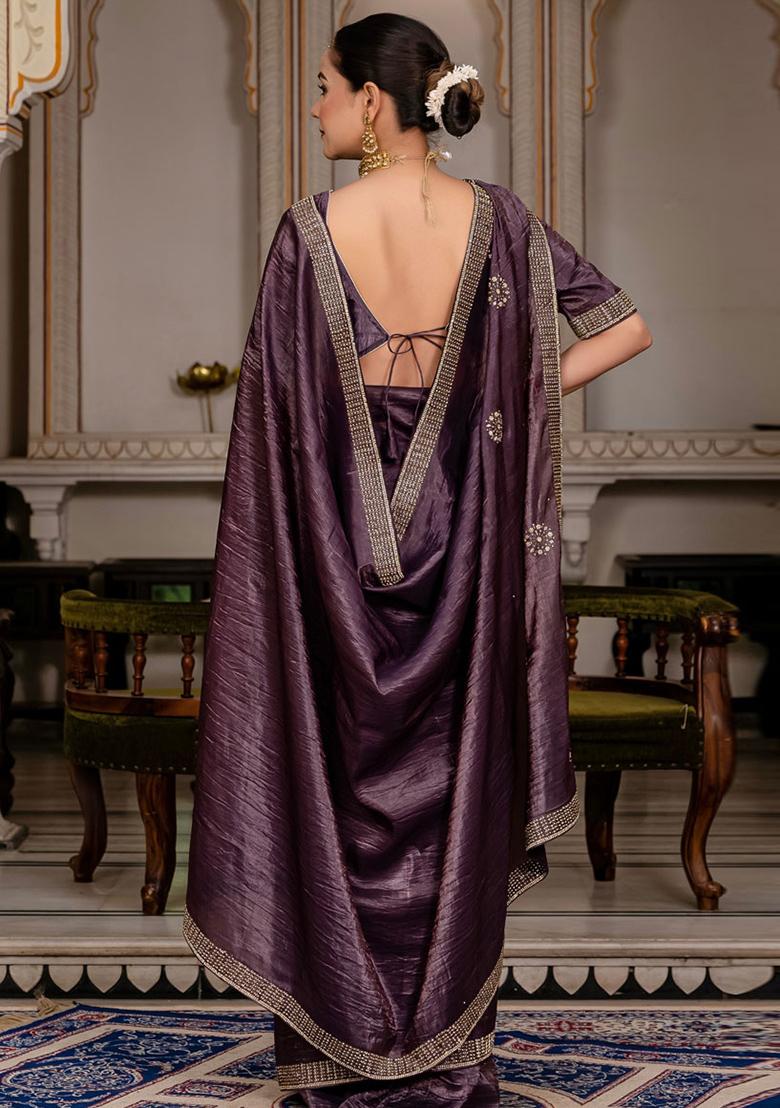 Dark Purple Plain Fancy Fabric Saree Set