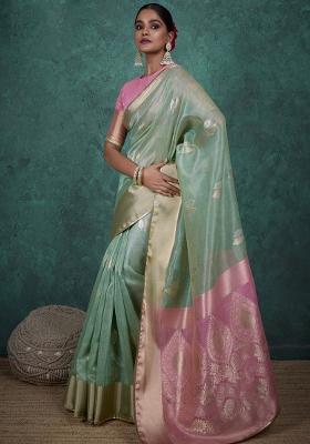 Light Green Woven Linen Saree Set