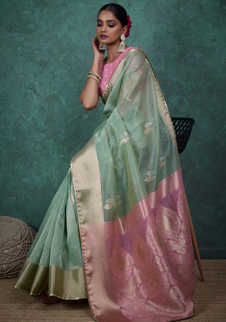Light Green Woven Linen Saree Set