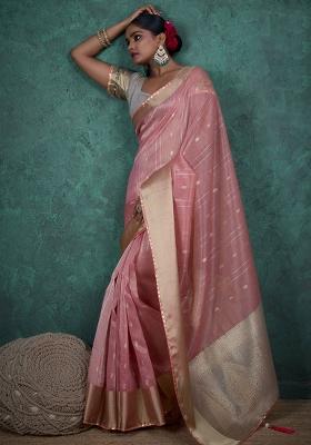 Pink Woven Linen Saree Set