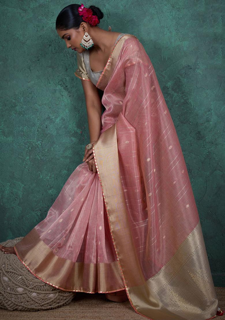 Pink Woven Linen Saree Set