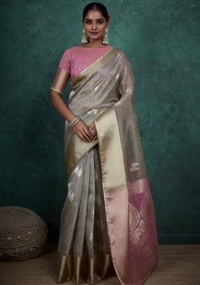Grey Woven Linen Saree Set