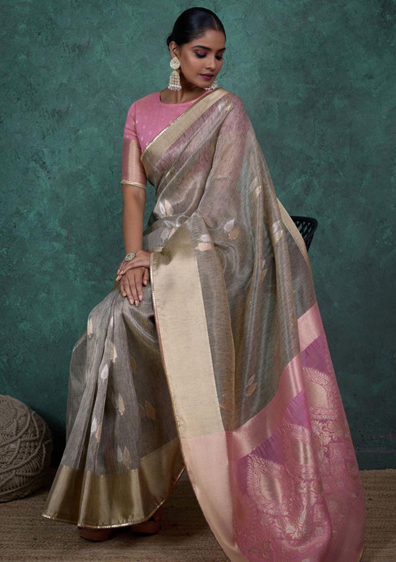 Grey Woven Linen Saree Set