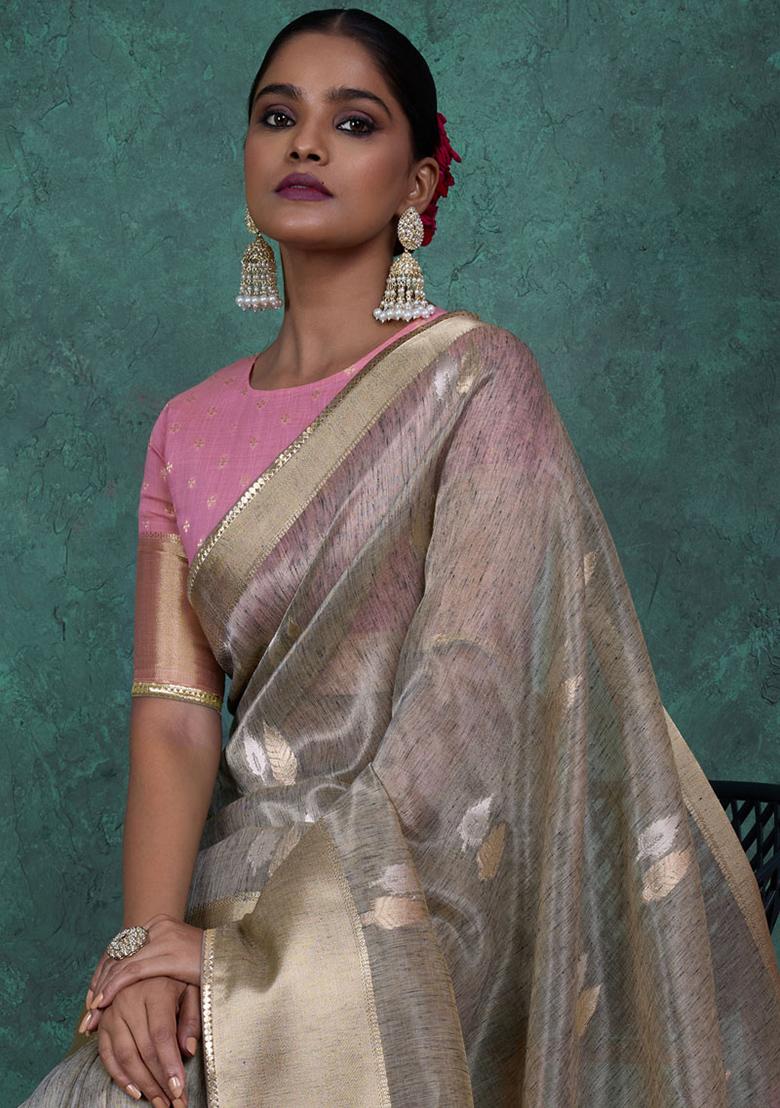 Grey Woven Linen Saree Set