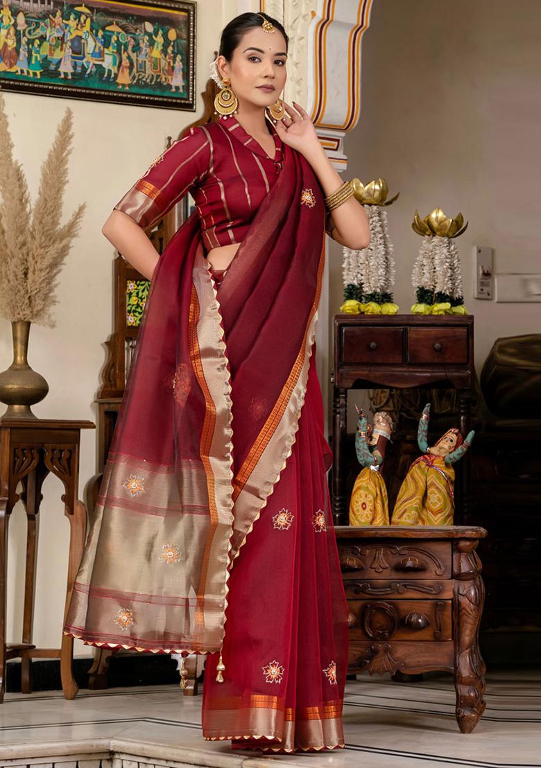 Maroon Woven Linen Saree Set