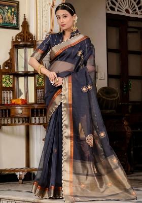 Navy Blue Woven Linen Saree Set