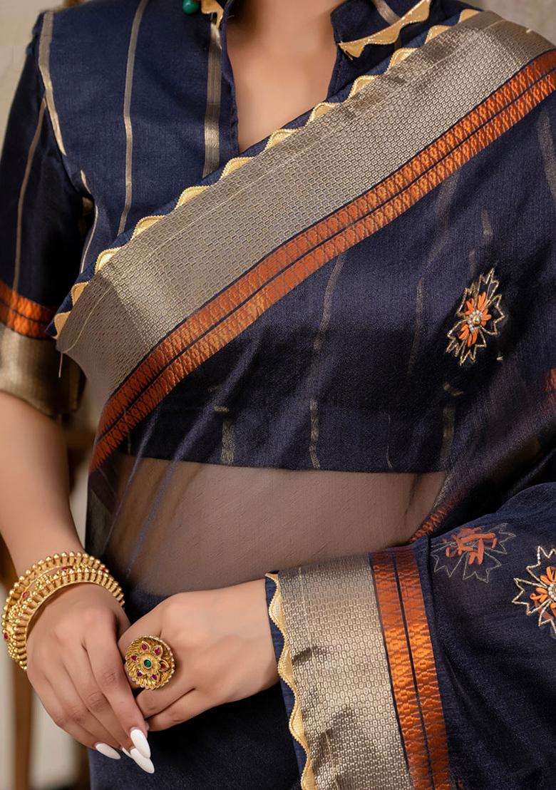 Navy Blue Woven Linen Saree Set