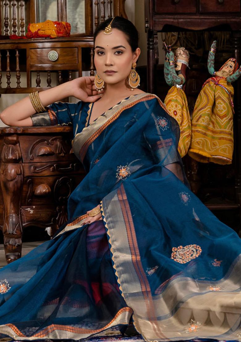 Blue Woven Linen Saree Set