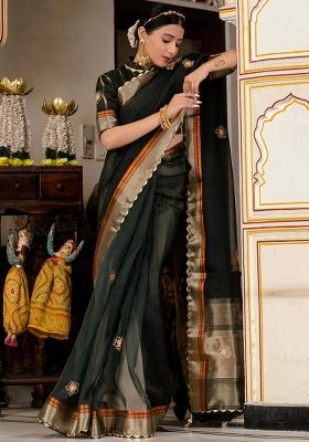 Dark Green Woven Linen Saree Set