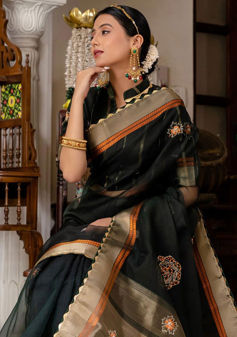 Dark Green Woven Linen Saree Set