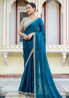 Teal Blue Plain Satin Saree Set