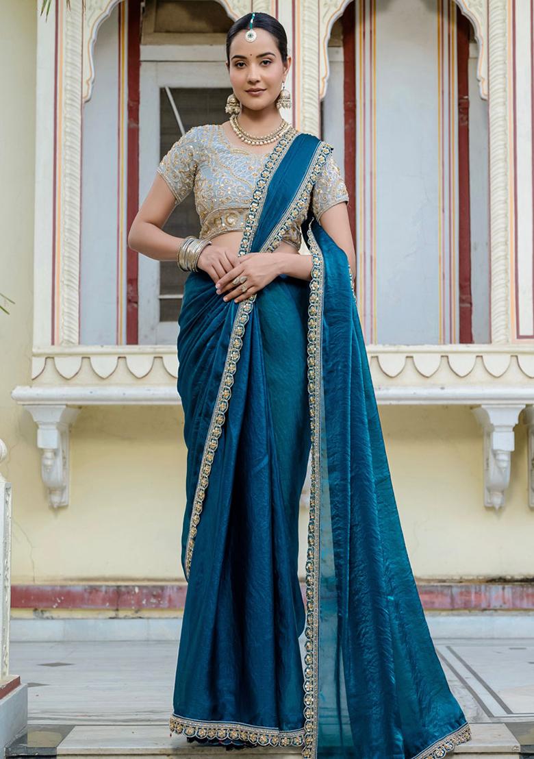 Teal Blue Plain Satin Saree Set