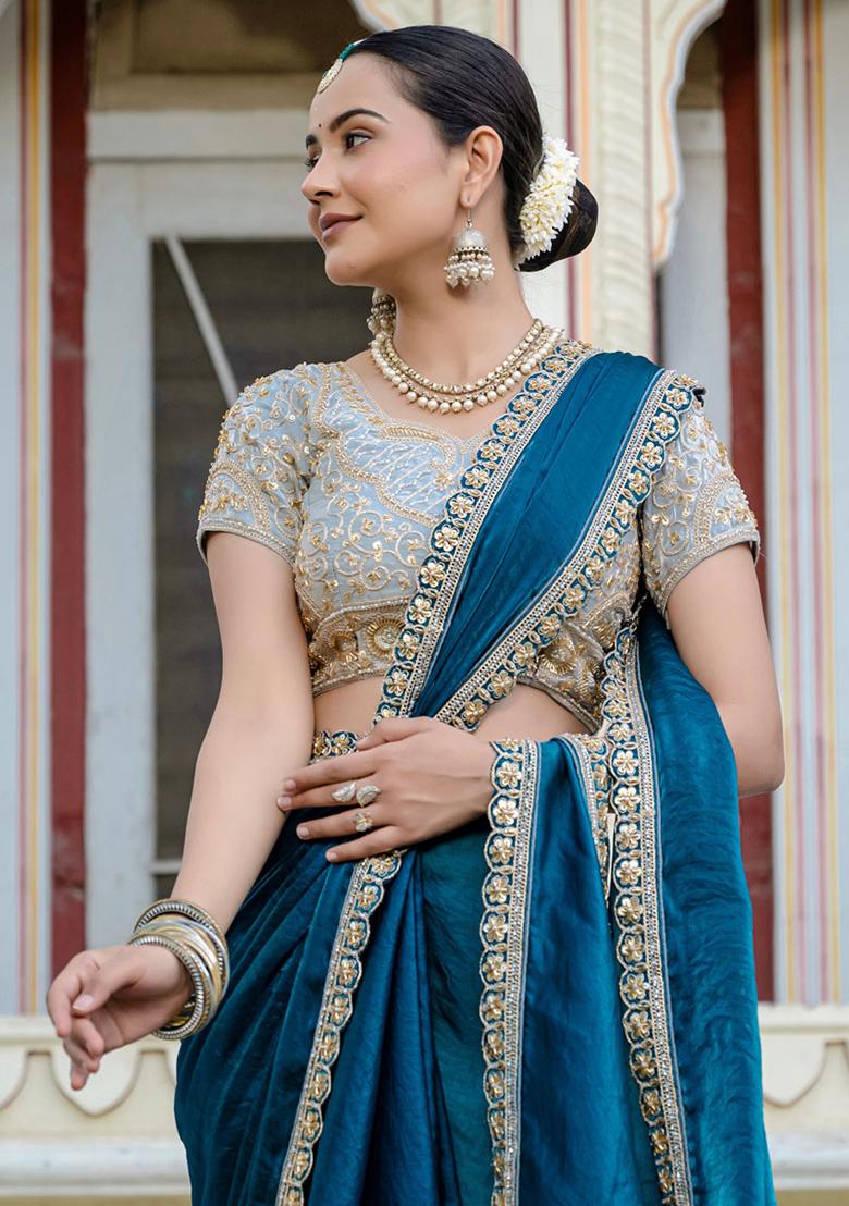 Teal Blue Plain Satin Saree Set
