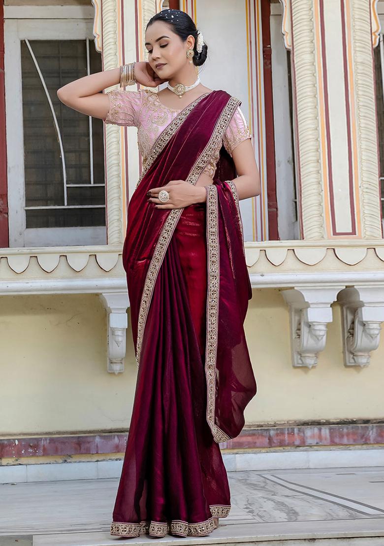 Wine Plain Satin Saree Set