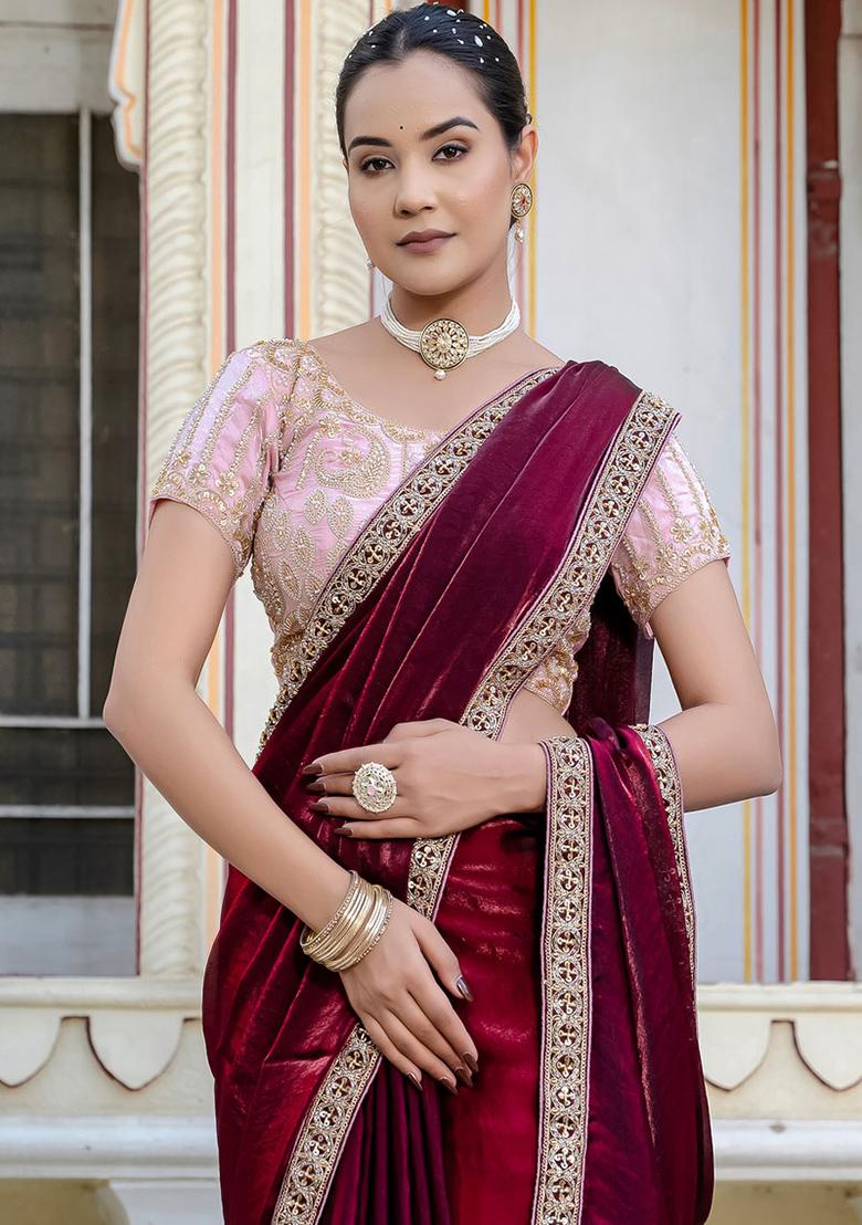 Wine Plain Satin Saree Set