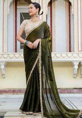 Mehendi Green Plain Satin Saree Set