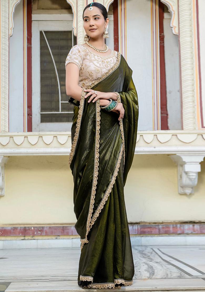Mehendi Green Plain Satin Saree Set